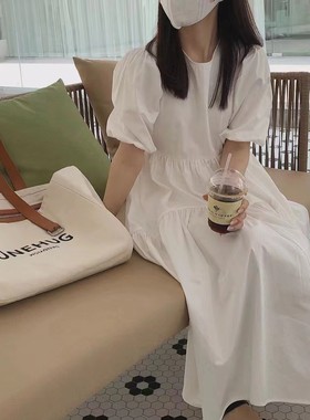 YL品牌one hug广州壹马 UUS店韩国进口纯棉圆领套头泡泡袖连衣裙