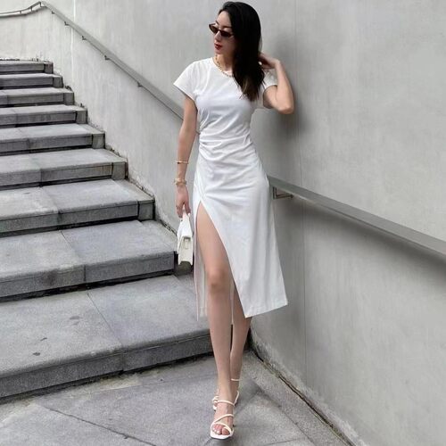 Cfor广州壹马 UUS店夏季气质修身显瘦侧边开叉短袖连衣裙