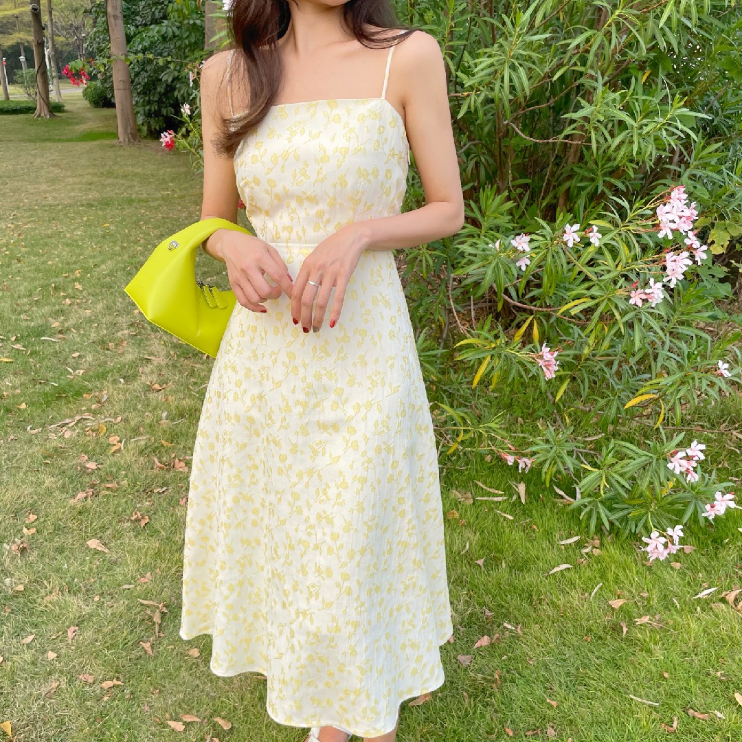 夏季甜美背部蝴蝶结性感吊带连衣裙中长裙