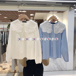 广州UUS韩国Fiore品牌2021新款时尚甜美简约纯棉娃娃领长袖衬衫