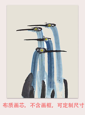中古VINTAGE绿色油画手绘蓝鹤动物画挂画打印油画布画芯贴画海报