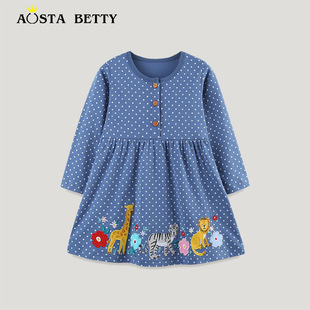 欧美风格女童连衣裙秋季新款动物刺绣儿童公主裙时尚斑点长袖童裙