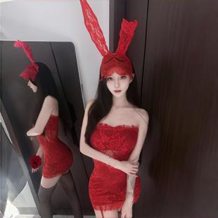 欲见*炽热红色一字肩蕾丝抹胸连衣裙兔女郎收腰显瘦包臀睡裙qqny