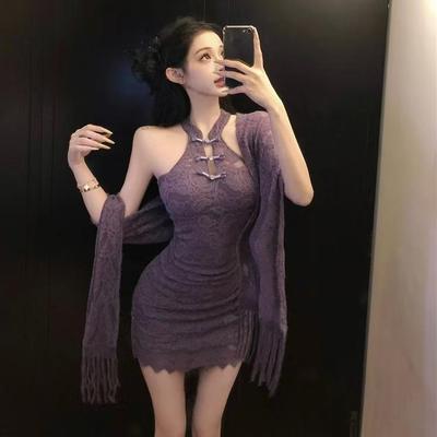 紫色旗袍名媛新中式蕾丝连衣裙