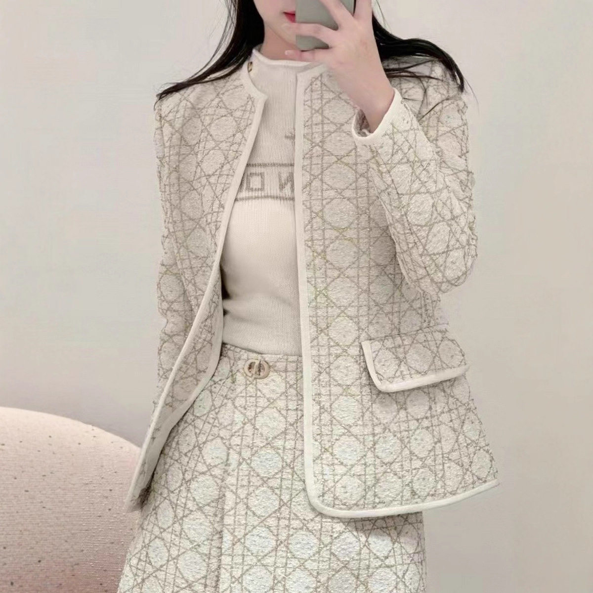 高级感羊毛呢金丝藤格纹圆领开衫明星同款新款粗花呢外套半身裙女,女装/女士精品,毛呢外套,淘宝优惠券,粉丝福利购,淘宝优惠卷