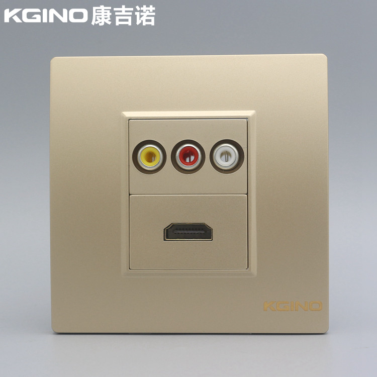 香槟金86型HDMI高清音视频插座 香槟色2.0高清AV三孔莲花直插面板