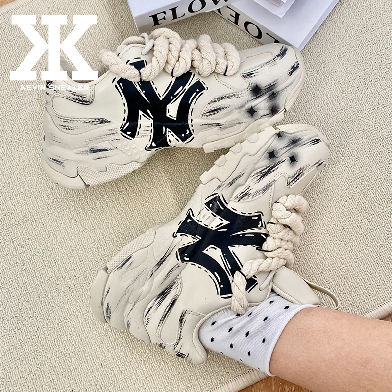 球鞋定制MLB Big Ball Chunky酷旧雅基做旧双鞋带擦色低帮老爹鞋