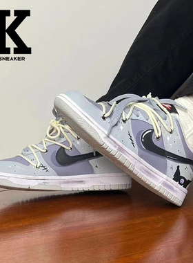 球鞋定制Nike Dunk Low SE紫色小妖精涂鸦做旧低帮运动紫灰板鞋
