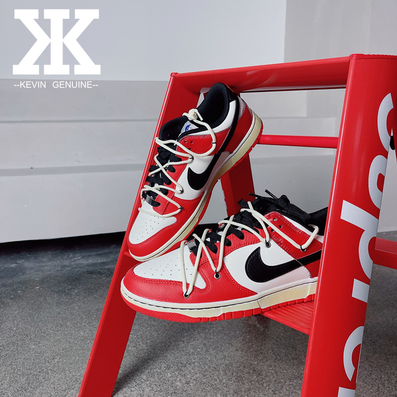 球鞋定制NikeDunkLow芝加哥公牛配色OW解构做旧低帮黑红休闲舒适