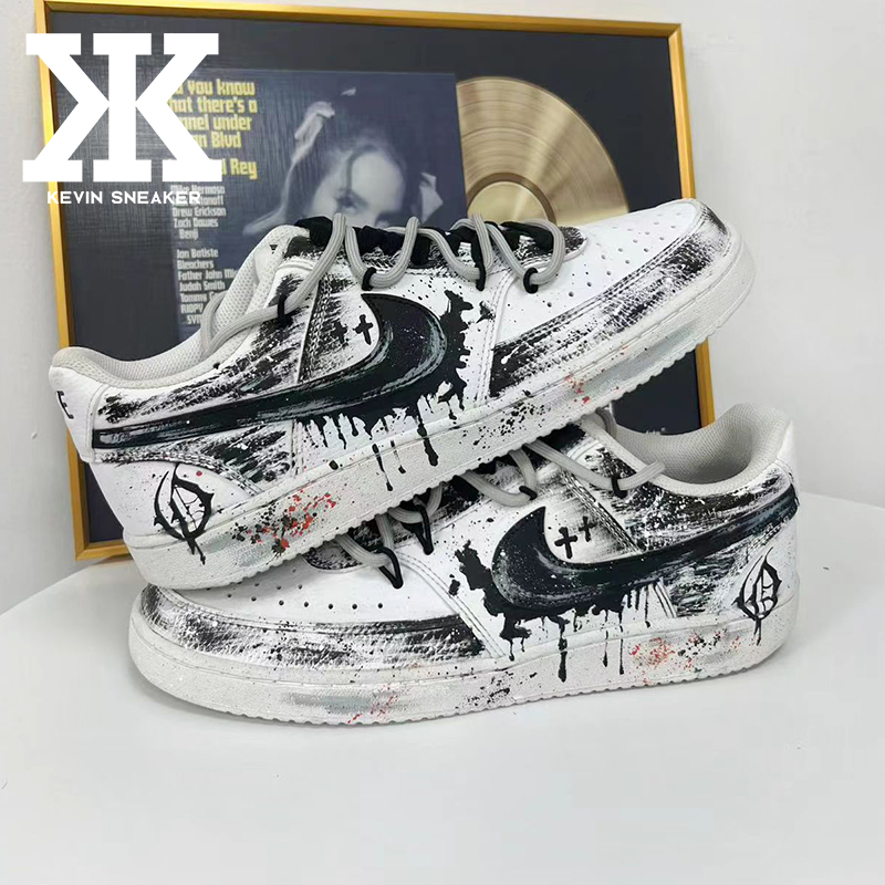 球鞋定制Nike耐克Court Vision1暗黑无间高街哥特喷涂低帮板鞋