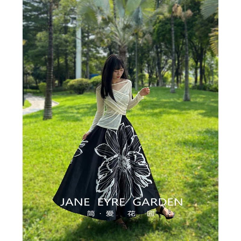 简爱花园◆新中式复古氛围感大摆伞裙黑白印花中长款半身裙JA253,女装/女士精品,半身裙,淘宝优惠券,粉丝福利购,淘宝优惠卷