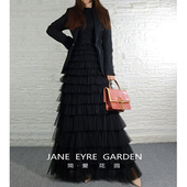 简爱花园 赫本风网纱蛋糕裙设计感高腰显瘦遮胯名媛长裙 春秋新款