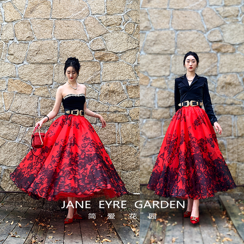 蝴蝶印花欧根纱赫本风蓬蓬半身裙