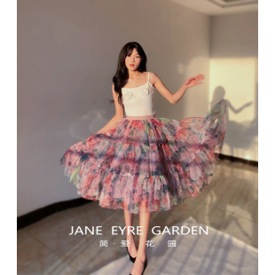 简爱花园 蓬蓬半身裙JA277 高腰A字油画风印花纱裙优雅度假中长款