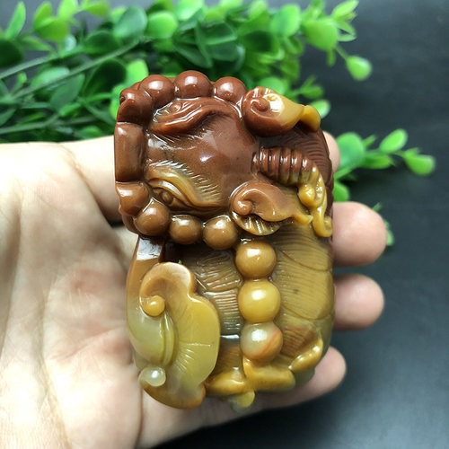 天然黄龙玉霸王貔貅手把件玉石收藏文玩神兽手玩招财正品带证书