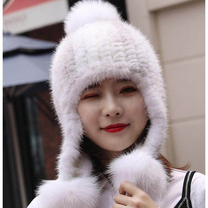 水貂毛皮草帽子女士冬季时尚洋气狐狸毛球气质百搭貂皮保暖护耳帽