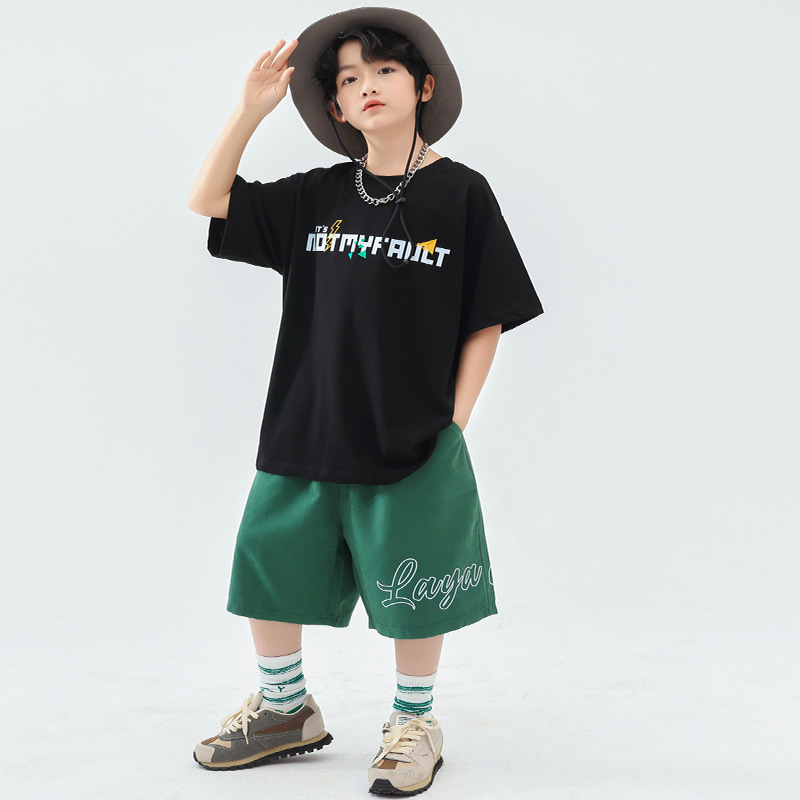 儿童街舞T恤黑色夏季短袖潮服套装男童定制hiphop舞蹈表演出服装