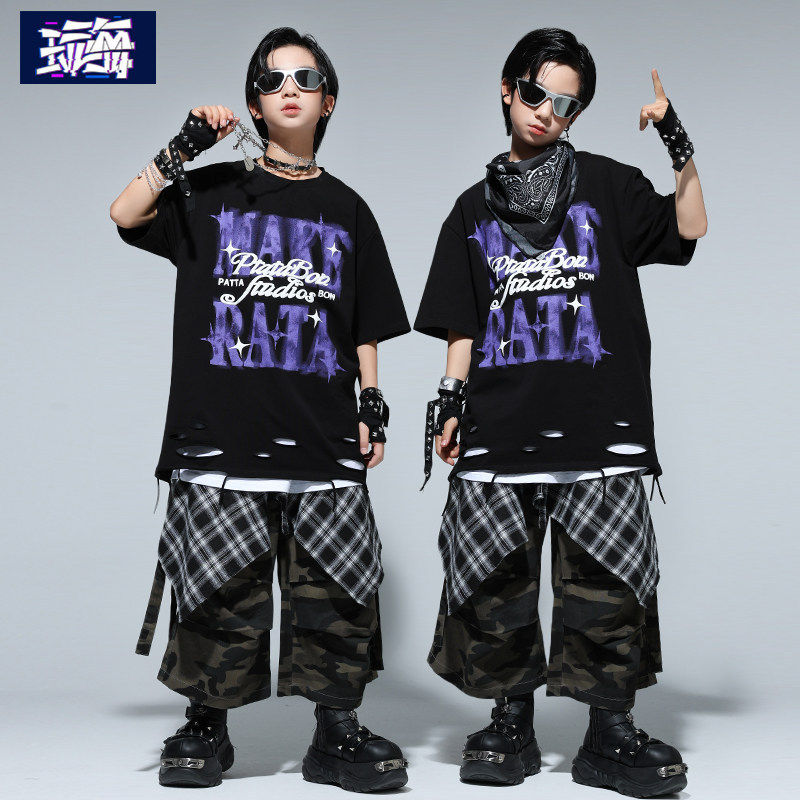儿童街舞演出服装夏季男童潮牌短袖少儿hiphop嘻哈架子鼓表演炸街