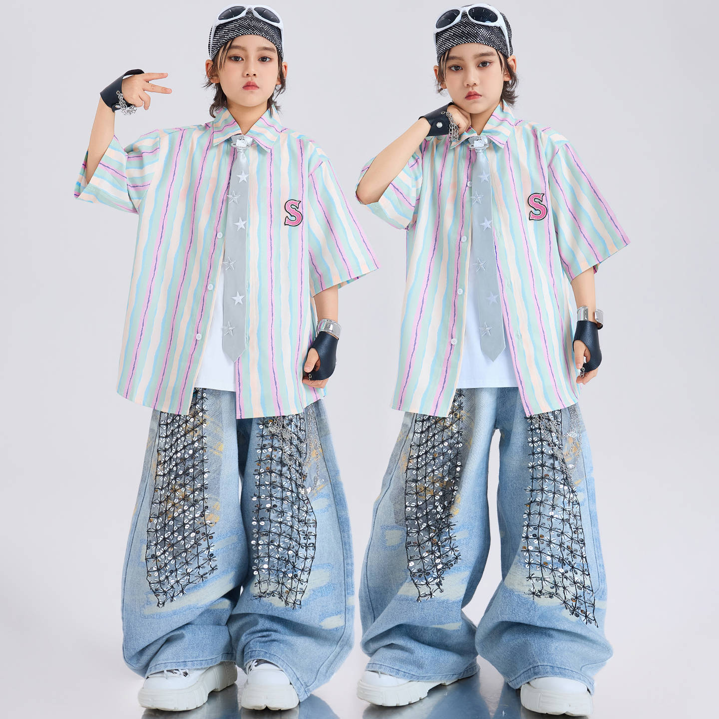 少儿hiphop街舞演出服装男女童嘻哈风酷炫条纹衬衫街舞儿童潮服夏