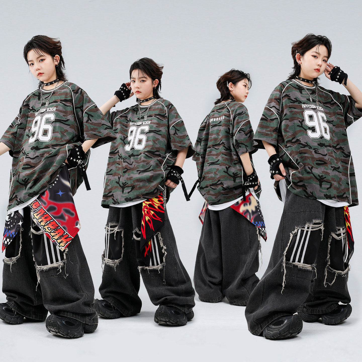 街舞儿童潮服嘻哈迷彩T恤套装hiphop男童少儿舞蹈表演炸街演出服