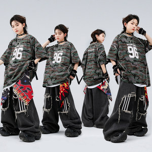 街舞儿童潮服嘻哈迷彩T恤套装hiphop男童少儿舞蹈表演炸街演出服