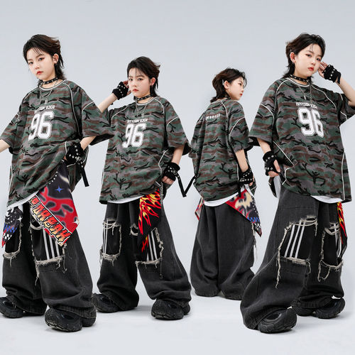 街舞儿童潮服嘻哈迷彩T恤套装hiphop男童少儿舞蹈表演炸街演出服