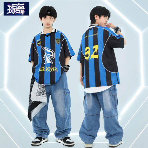 儿童街舞潮服夏季男孩牛仔裤套装炸街hiphop男童表演服嘻哈风时髦