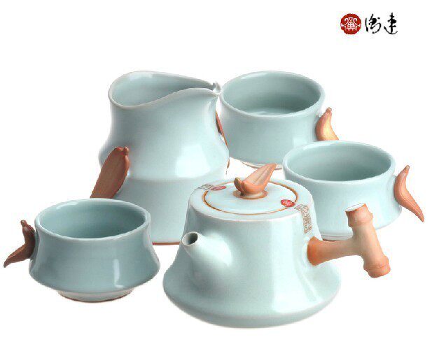 台湾衡连 陶瓷功夫茶具 套装 整套 汝窑 咏竹茶壶六件套 天青釉
