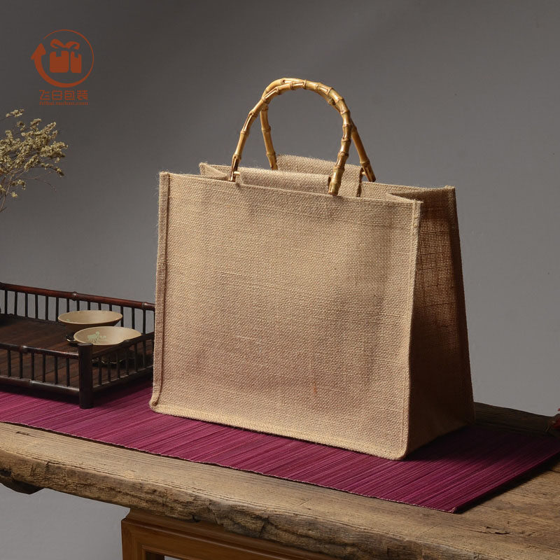 竹把黄麻布手拎袋41*33 超大号环保购物袋衣服收纳紫砂锦盒礼品袋