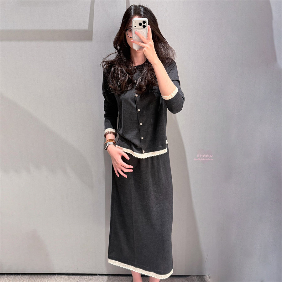 极简圆领蕾丝针织女套装