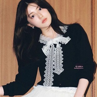 甜美镂空蕾丝蝴蝶结领针织开衫 秋冬 上衣254296 S家纯元 人气爆款
