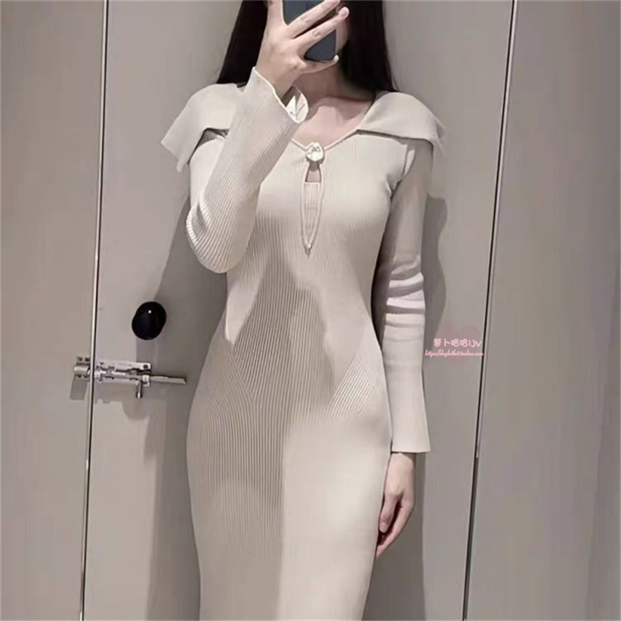 海军翻领修身连衣裙长裙