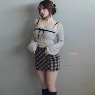 纯欲小心机！and*ary小众设计气质蝴蝶结拼色吊带+长袖毛衣两件套