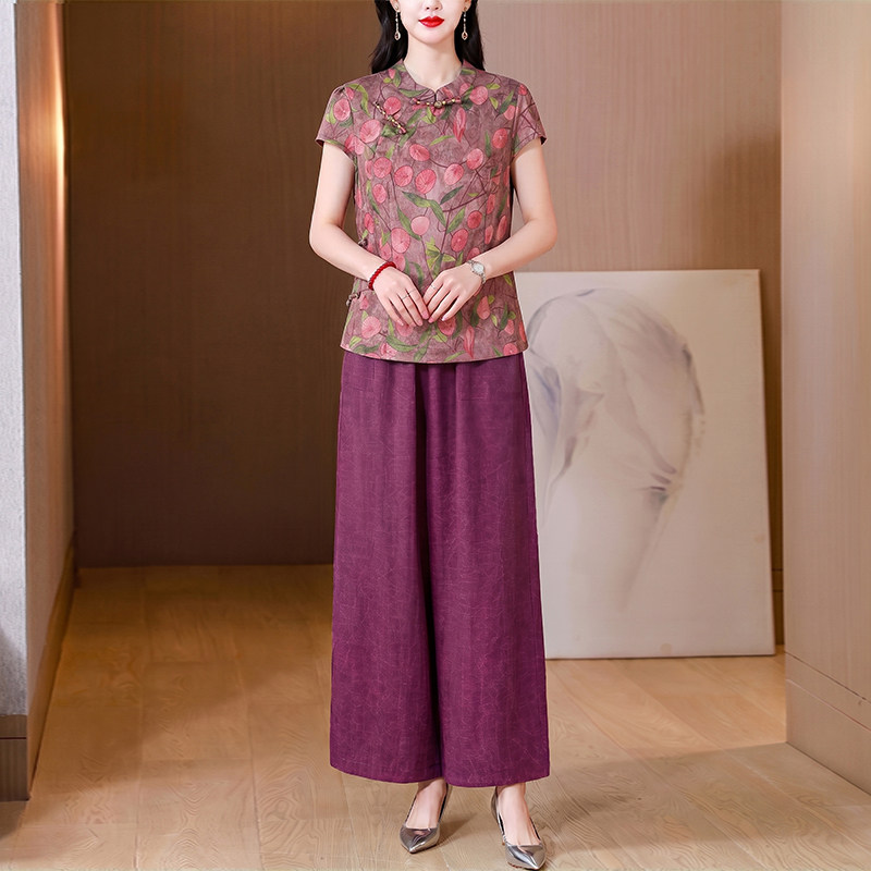新中式真丝盘扣阔腿裤两件套女