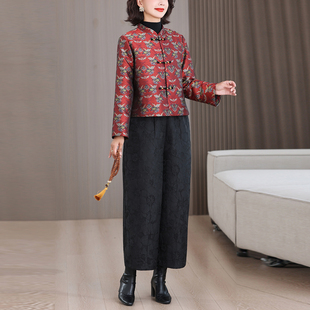 新款 套装 提花复古洋气新中式 外套阔腿裤 女 夹棉加厚立领长袖 25秋季