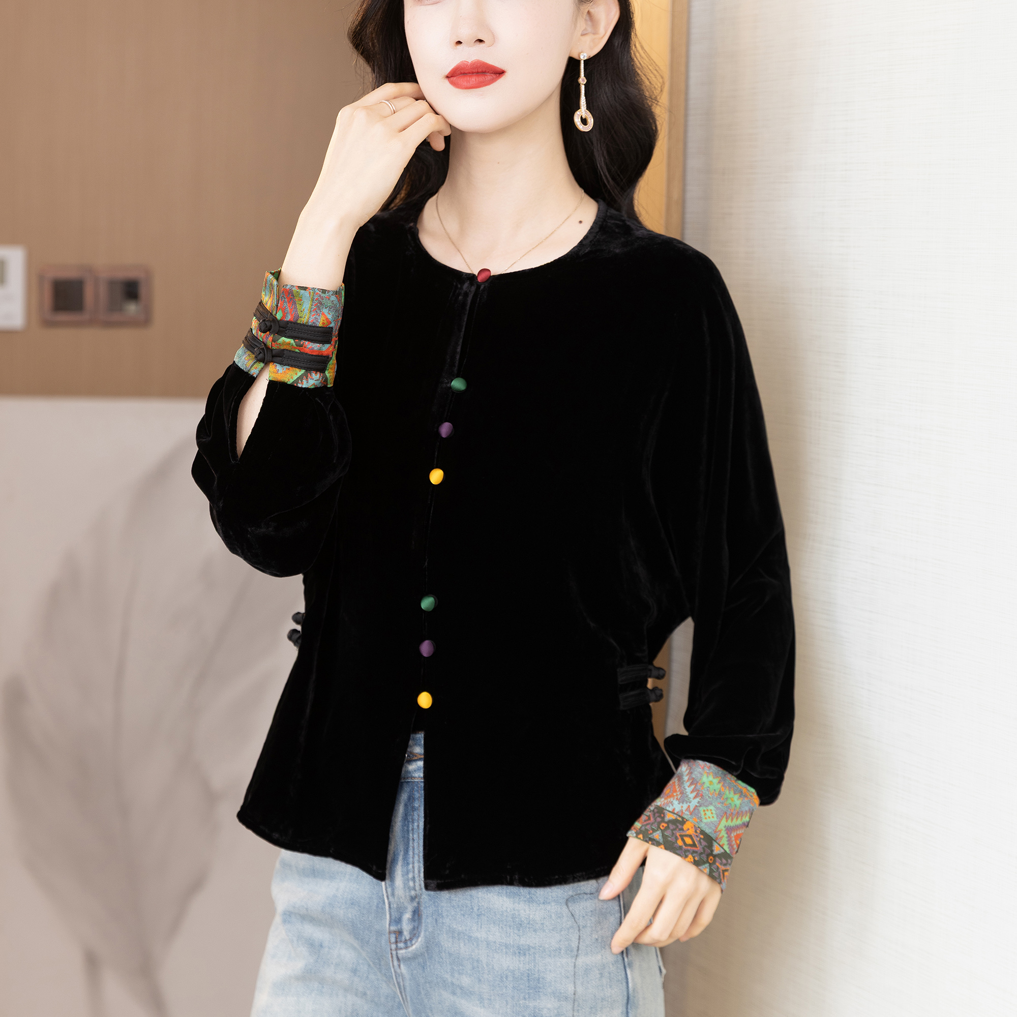 真丝金丝绒上衣女彩色扣外套