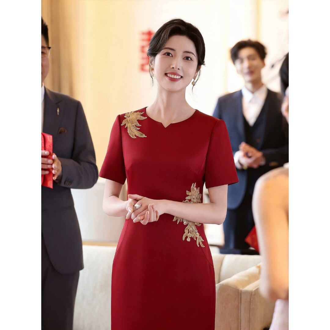 夏季新款婚宴妈妈红色旗袍礼服