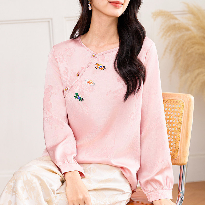 2026新中式大码国风提花衬衫女长袖春秋新款提花斜襟人丝缎面上衣,女装/女士精品,大码内搭,淘宝优惠券,粉丝福利购,淘宝优惠卷