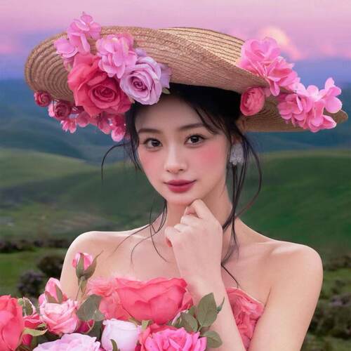 田园风婚纱照粘花带纱草帽