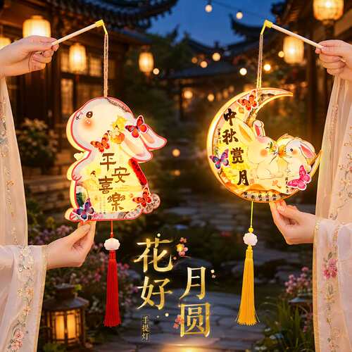 新款儿童手提发光古风兔子花灯手工材料包装饰中秋节灯笼