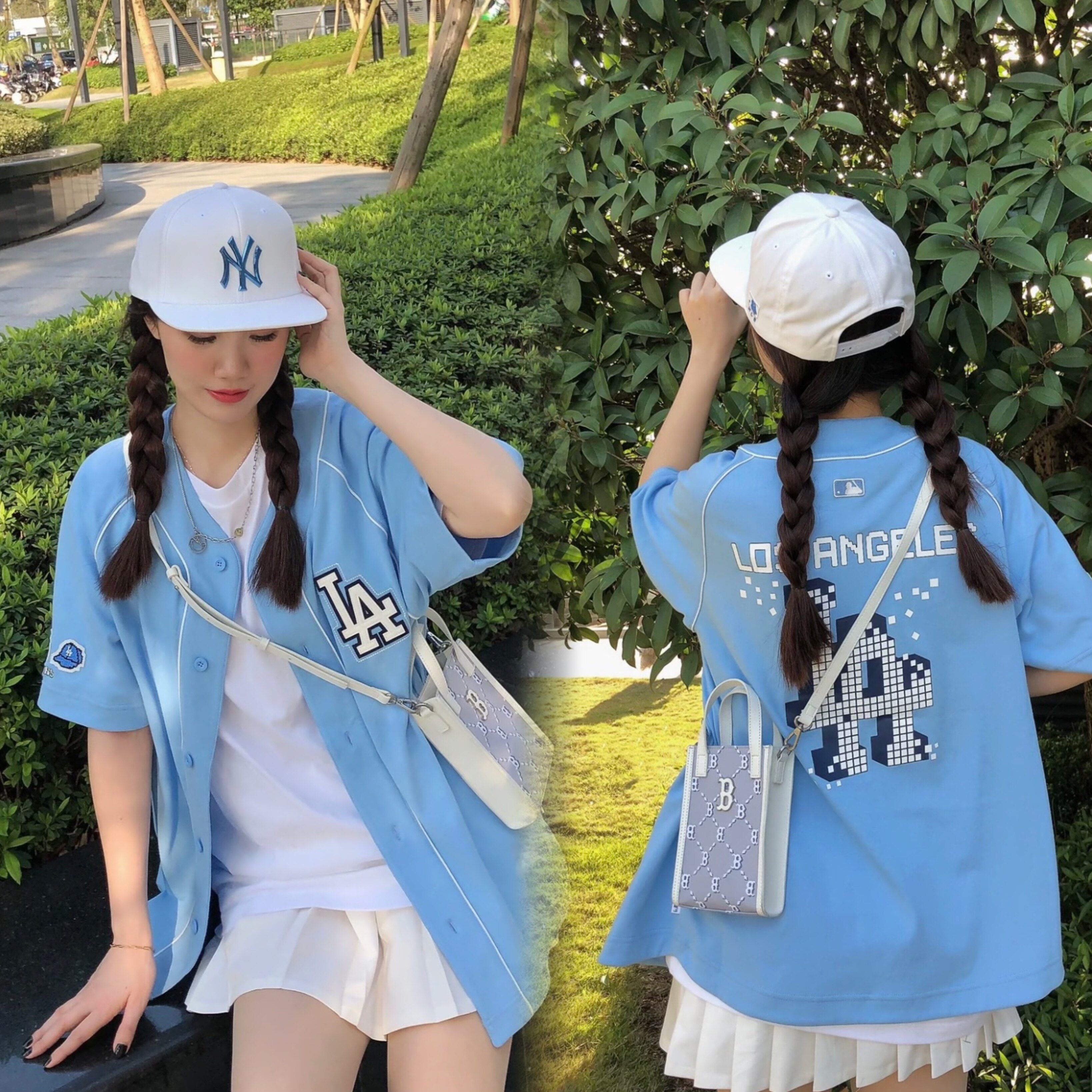 MLB男女新款马赛克印花宽松休闲棒球领开衫短袖T恤外套3ABS00221