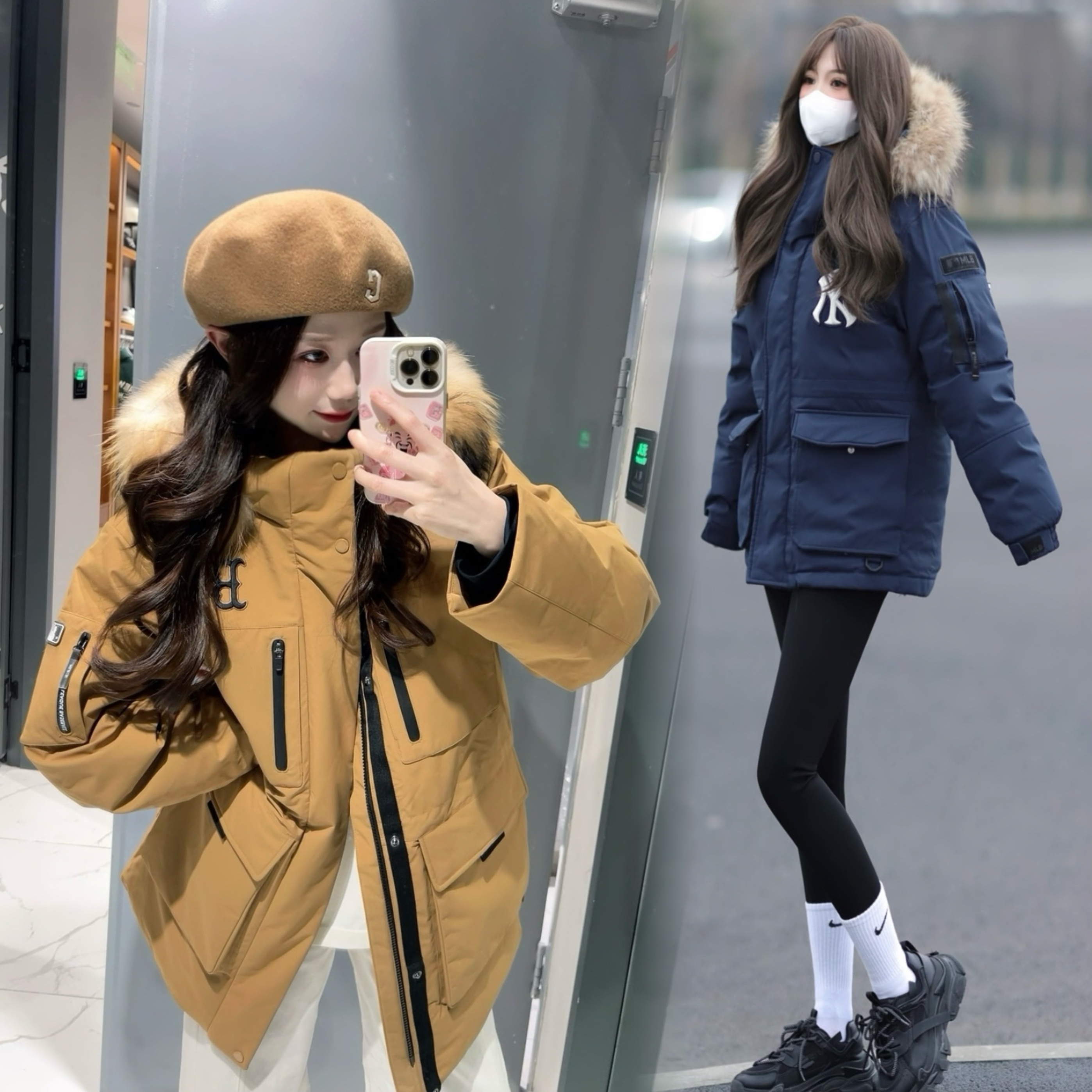 韩国MLB正品24款冬貉毛领工装冲锋羽绒服男女同款3ADJB1346