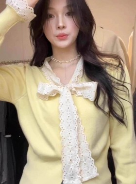 黄色蕾丝蝴蝶结v领毛衣针织衫女秋冬季甜美长袖内搭上衣可外穿