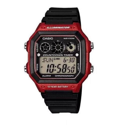 CASIO卡西欧夜光AE1300WH 4A男士手表红色倒计时