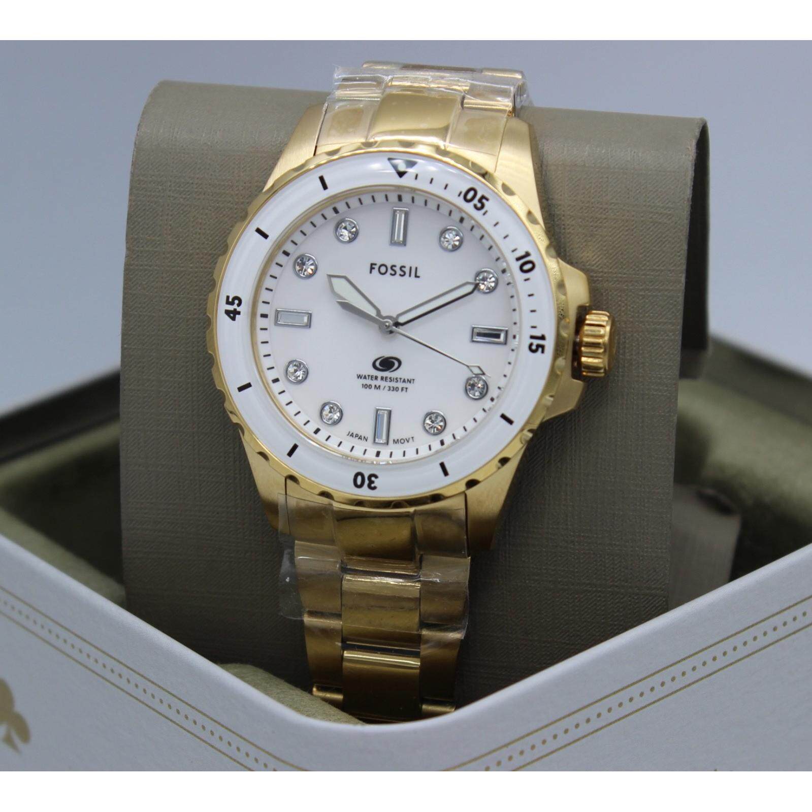 Fossil蓝色潜水金色白色水晶ES5350女士手表