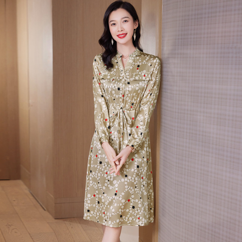 阿舍尔026桑蚕丝真丝连衣裙女装通勤长袖V领系带高端收腰印花裙子