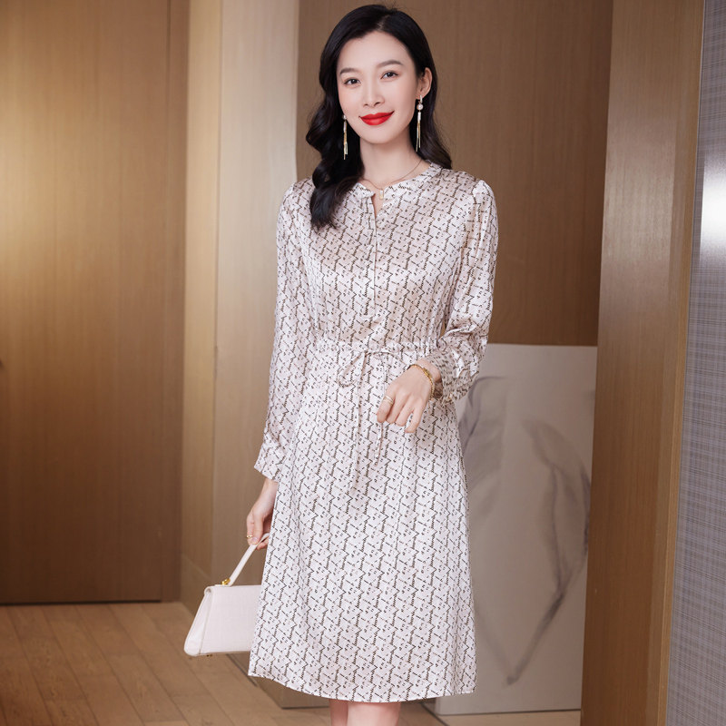 阿舍尔女装2026年新款桑蚕丝真丝连衣裙V领系带印花显瘦气质A裙子