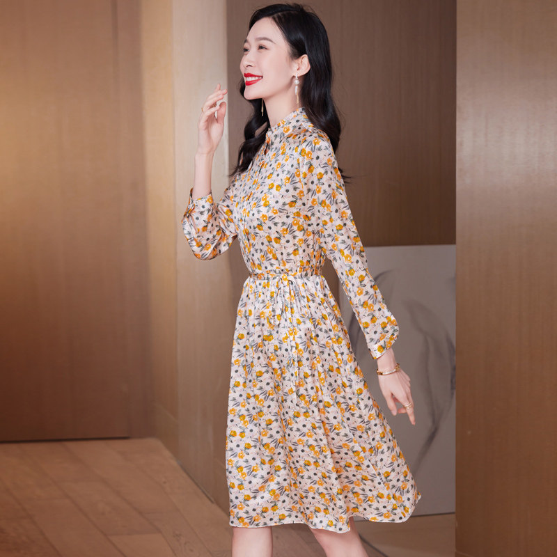 阿舍尔桑蚕丝真丝连衣裙女士长袖立领碎花收腰显瘦气质印花中长裙