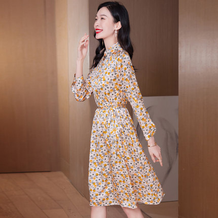 阿舍尔桑蚕丝真丝连衣裙女士长袖立领碎花收腰显瘦气质印花中长裙