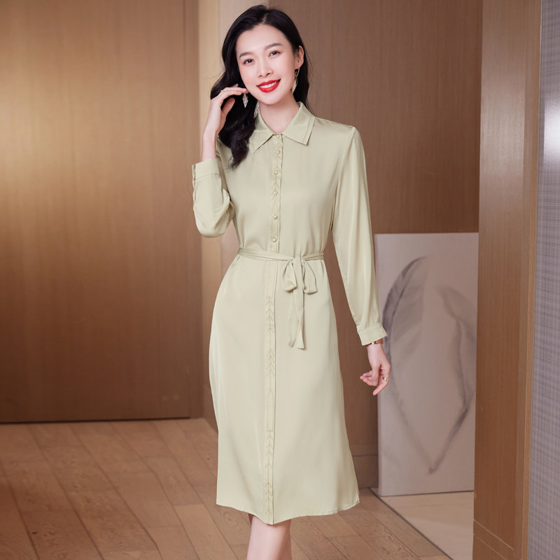 阿舍尔2026年新款春夏桑蚕丝真丝长袖衬衫连衣裙女系带收腰刺绣裙